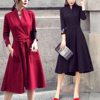 Drawstring Waist V-neck Embroidered Midi Dress