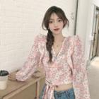 Long-sleeve V-neck Floral Print Cropped Blouse