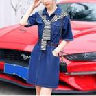 Elbow-sleeve Denim Mini Sheath Shirtdress / Shawl