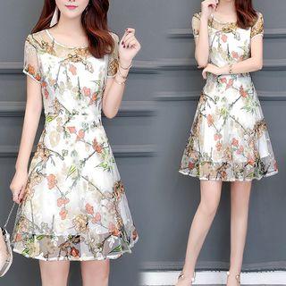 Floral Embroidered Mesh Overlay A-line Dress
