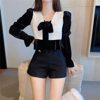 Bow Accent Ruffle Hem Cropped Blouse