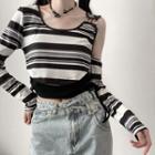 Mock Two-piece Striped Cropped T-shirt