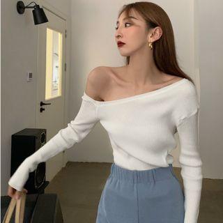 Long-sleeve One Shoulder Plain Knit Top