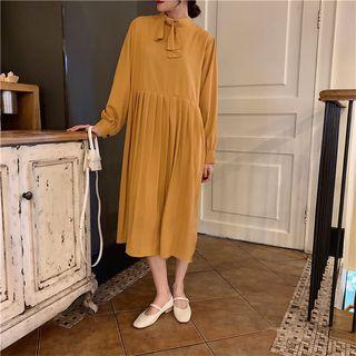 Long-sleeve Tie Collar Midi Pleated Dress