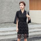3/4-sleeve Sequined Fringed Open-collar Sheath Dress