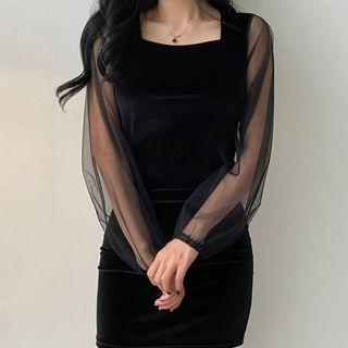 Mesh-sleeve Velvet Minidress