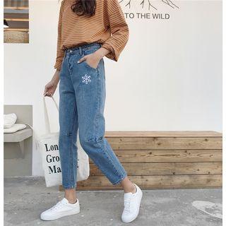 Snowflake Embroidered Straight Cut Jeans