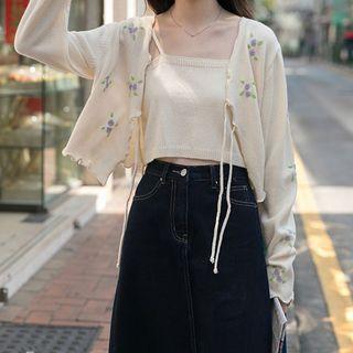 Set: Floral Embroidered Cardigan + Camisole Top