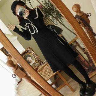 Long-sleeve Lace Trim Ribbon Knit Midi Dress