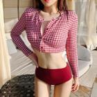 Set: Plaid Bikini + Long-sleeve Crop Top