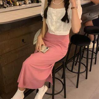 Square Neck Blouse / Side-slit Midi Skirt