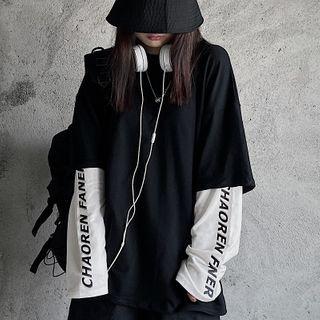 Lettering Long Sleeve Mock Two Piece Top