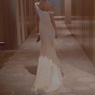 Asymmetrical Off-shoulder Sequined Mermaid Wedding Gown