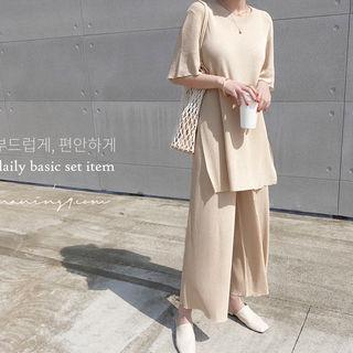 Lightweight Knit Top & Culottes Set Beige - One Size