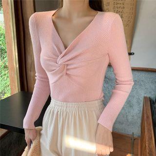 Long-sleeve Twist-front V-neck Knit Top