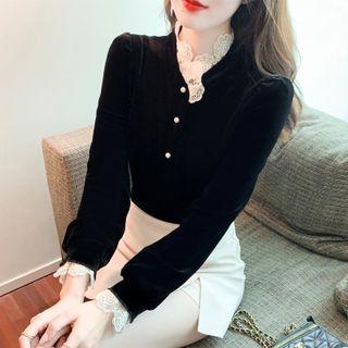 Stand Collar Lace Trim Velvet Blouse