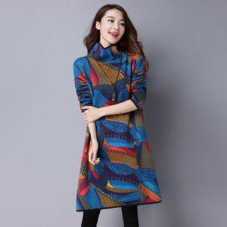 Stand Collar Long-sleeve Printed Dress
