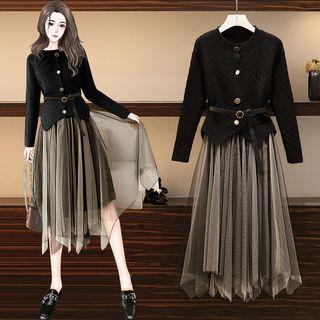 Set: Crew-neck Cardigan + Mesh A-line Skirt