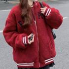 Letter Embroidered Fleece Baseball Jacket Red - One Size