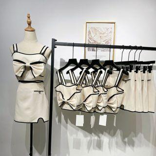 Contrast Trim Bow Accent Cropped Camisole Top / Mini A-line Skirt