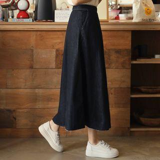 Stitched Long Flared Denim Skirt