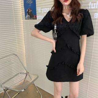 Short-sleeve V-neck Plain Ruffled Mini Dress Black - One Size