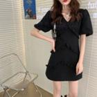Short-sleeve V-neck Plain Ruffled Mini Dress Black - One Size
