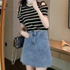 Short-sleeve Cold Shoulder Striped Knit Top / Mini A-line Denim Skirt