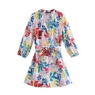 Print Tie-waist Mini Shirt Dress