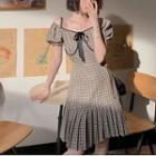 Puff-sleeve Cold-shoulder Plaid Mini A-line Dress