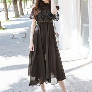 Short-sleeve Cold-shoulder Lace Midi A-line Dress