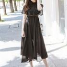 Short-sleeve Cold-shoulder Lace Midi A-line Dress
