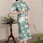 Short-sleeve Floral Lace Trim Slit Sheath Dress