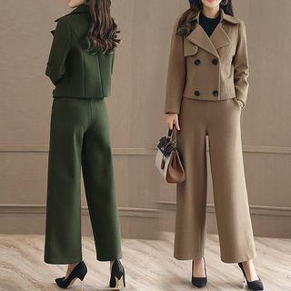 Set: Double-breasted Thick Blazer + High-waist Wide-leg Pants