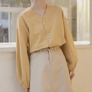 Lantern-sleeve Blouse Yellow - One Size