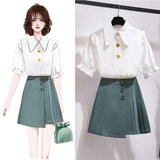 Elbow-sleeve Collared Blouse / Pleated Mini A-line Skirt / Set
