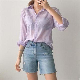 Long-sleeve Pinstripe Sheer Shirt