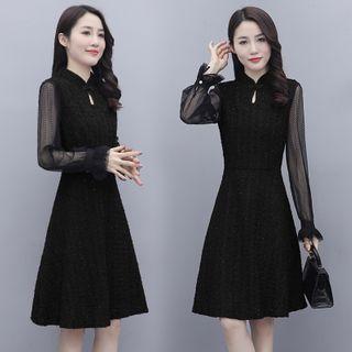 Long-sleeve Lace Stand Collar A-line Dress