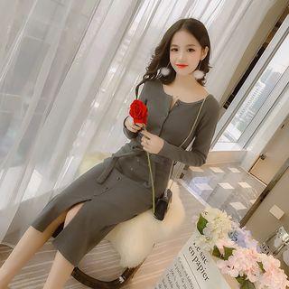 Ribbed Buttoned Long-sleeve Bodycon Dress