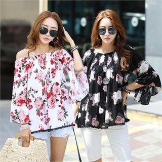 Off-shoulder Crochet-trim Floral Blouse