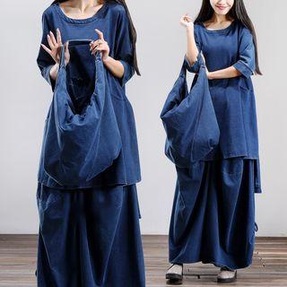 Set : Elbow-sleeve Linen Cotton Top + Wide-leg Pants