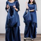 Set : Elbow-sleeve Linen Cotton Top + Wide-leg Pants