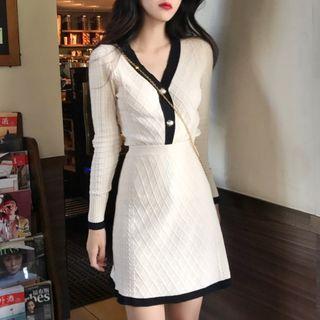 Set: Contrast Trim Cardigan + Knit Mini A-line Skirt