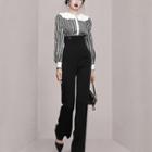 Set: Long-sleeve Collared Print Blouse + High-waist Straight Leg Pants