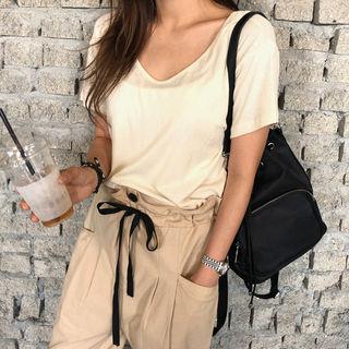 Deep V-neck Plain T-shirt Light Beige - One Size