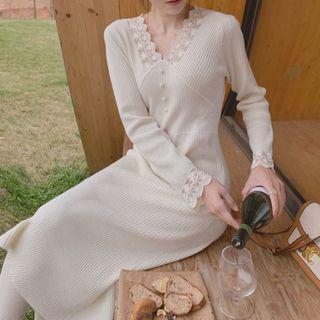 V-neck Lace Panel Knit Dress