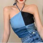 Halter Neck Paneled Denim Top Blue - One Size