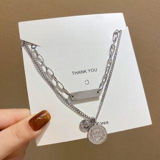 Embossed Disc Lettering Bar Pendant Layered Stainless Steel Necklace X761 - Silver - One Size