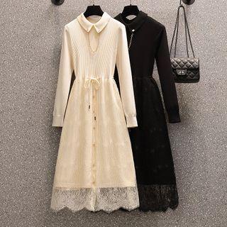 Lace Panel Collared Knit Midi A-line Dress