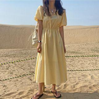 Puff-sleeve Ruffle-trim Plain Dress